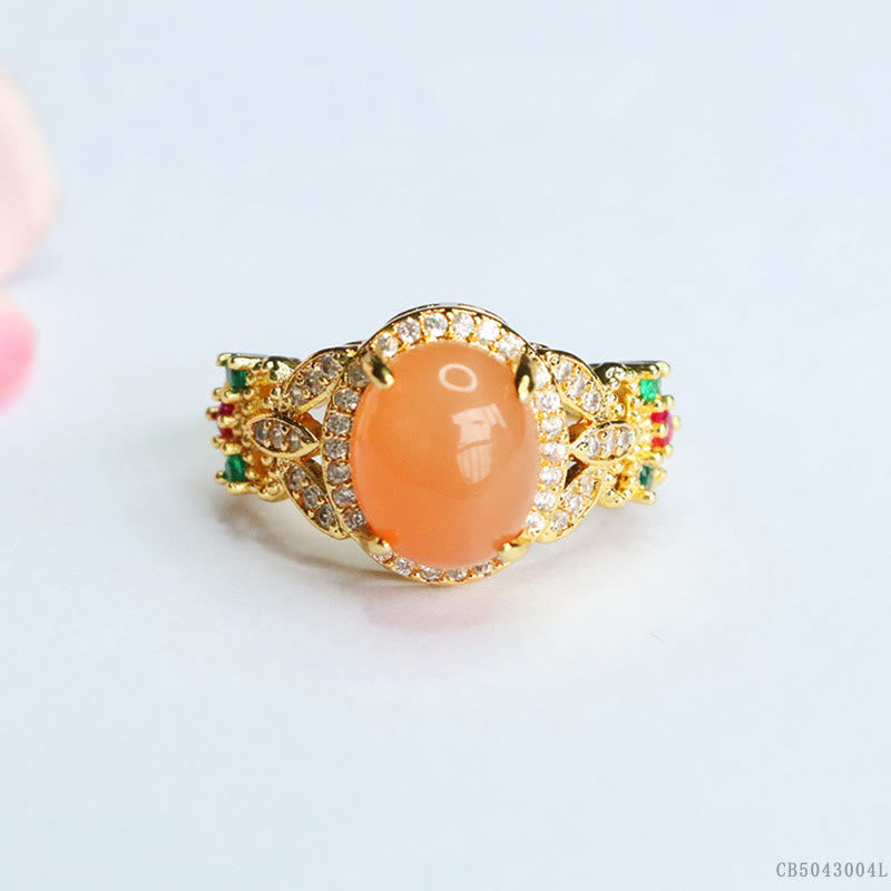 Adjustable Peach Moonstone Ring Four Leaf Flower Design | Vintage