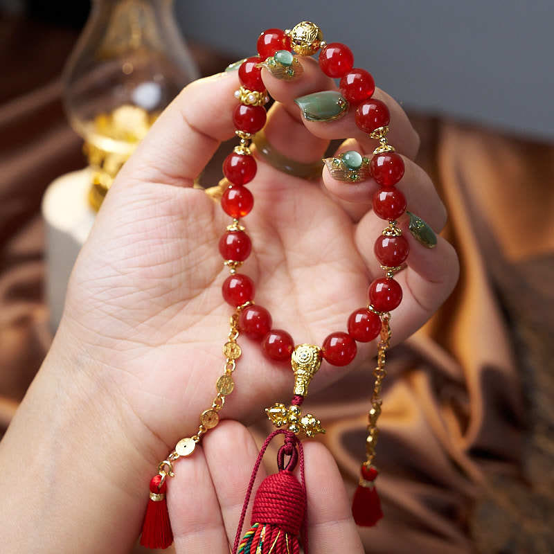 Red Agate 18-Beads Copper Coins Wrist Mala for Calm and Confidence