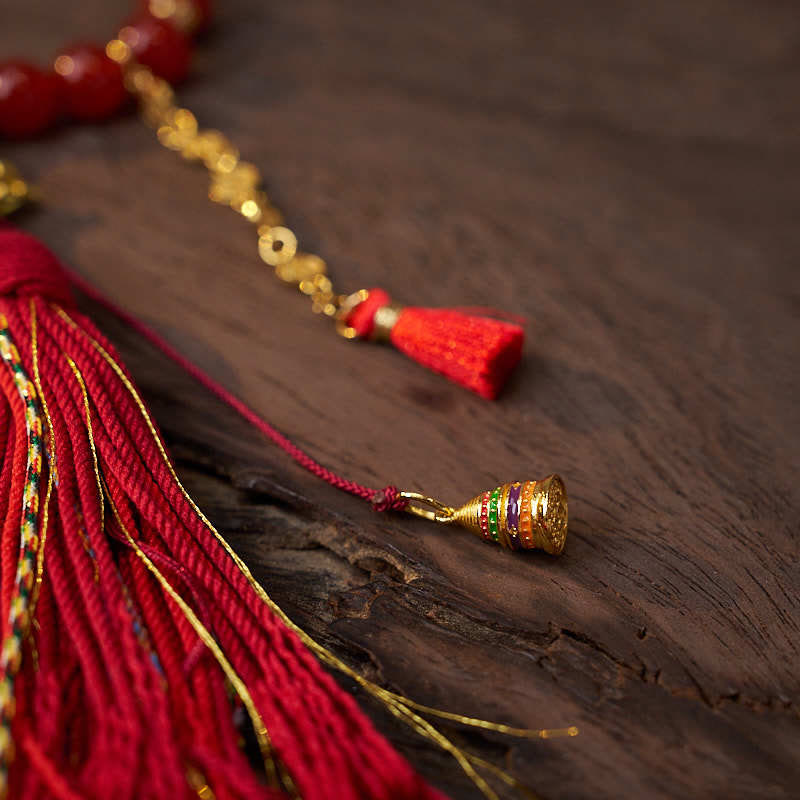 Red Agate 18-Beads Copper Coins Wrist Mala for Calm and Confidence