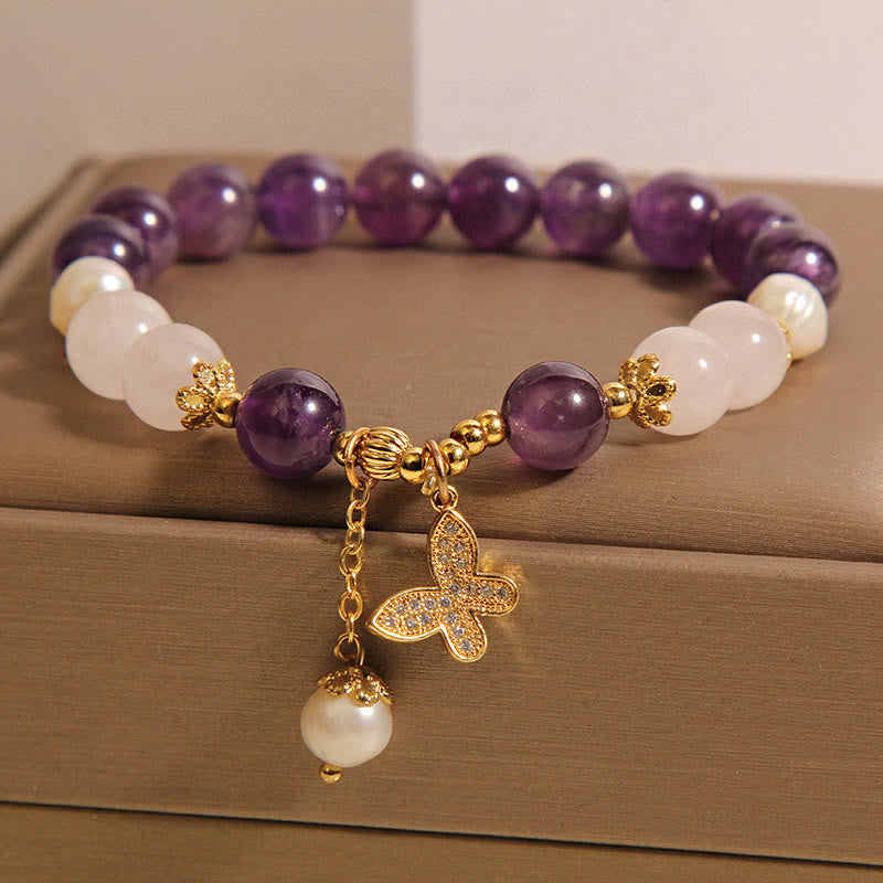 Amethyst Pearl Crystal Spiritual Butterfly Charm Bracelet