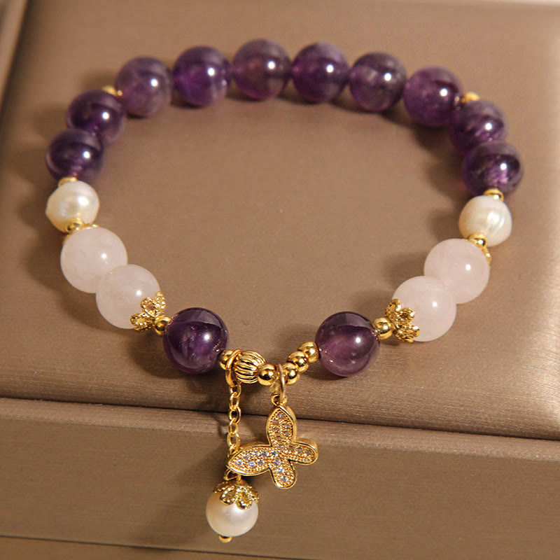 Amethyst Pearl Crystal Spiritual Butterfly Charm Bracelet