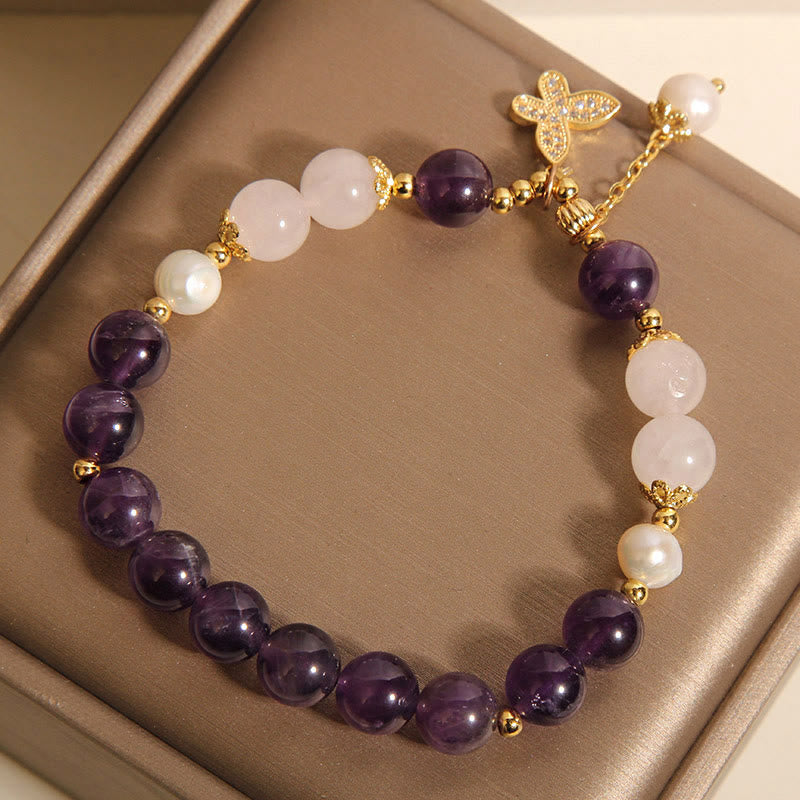Amethyst Pearl Crystal Spiritual Butterfly Charm Bracelet
