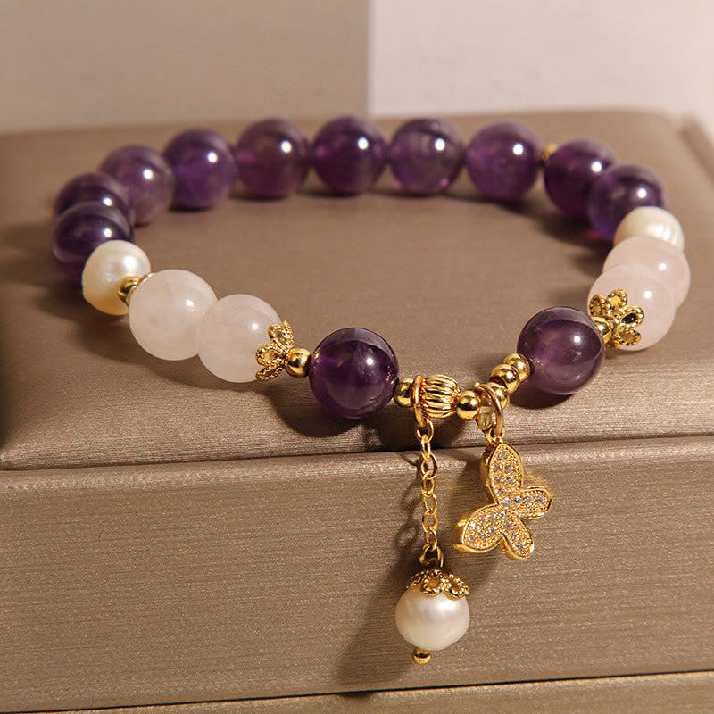 Amethyst Pearl Crystal Spiritual Butterfly Charm Bracelet