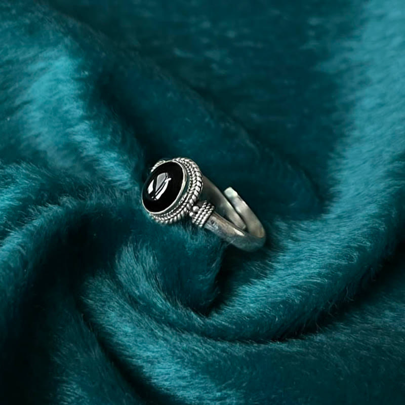 Adjustable Black Onyx 925 Sterling Silver Spiritual Ring