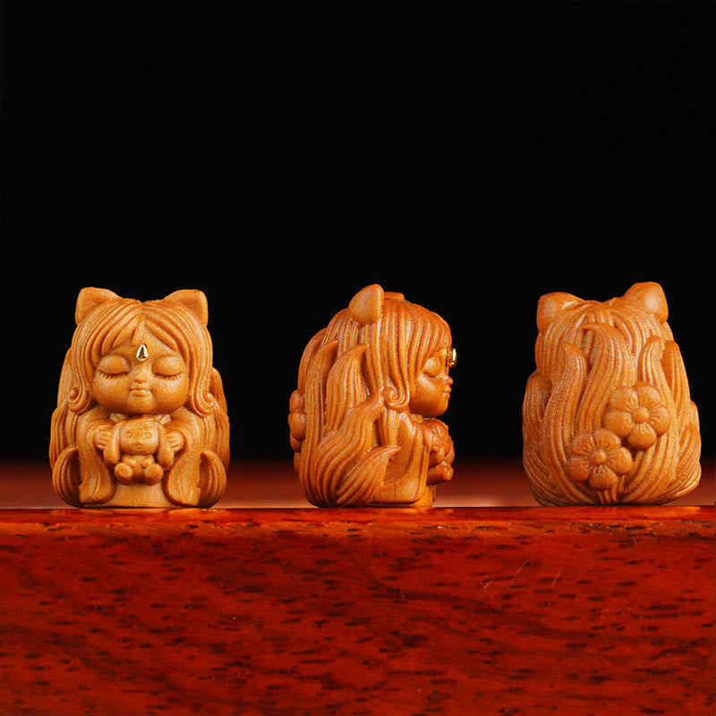 Mini Nine-Tailed Fox Sandalwood Zen Decor Charm 0.8in