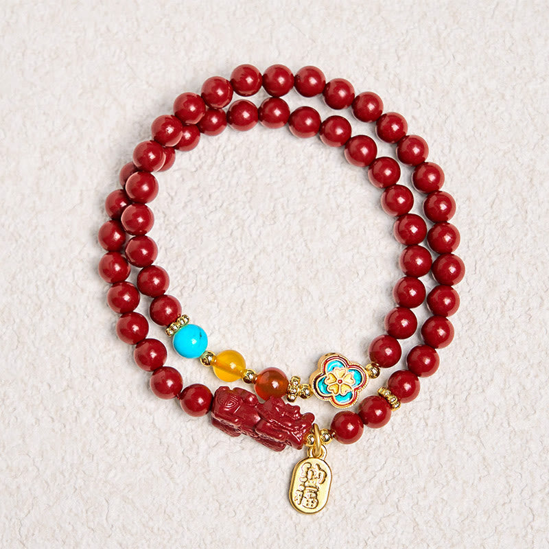 6mm Cinnabar PiXiu Fu Character Double Wrap Bracelet