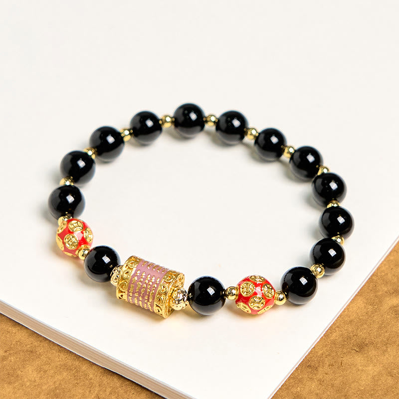 8mm Black Onyx Fortune Bracelet with Copper Coins