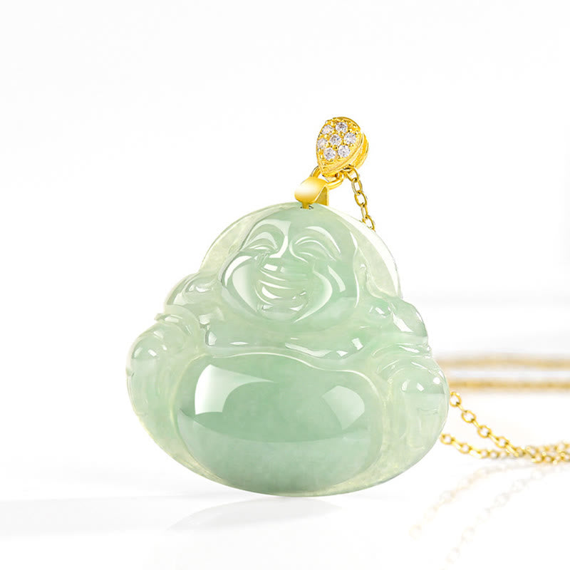 Jade Laughing Buddha Necklace in 925 Sterling Silver for Prosperity