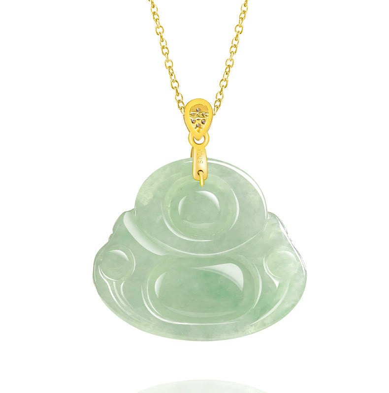 Jade Laughing Buddha Necklace in 925 Sterling Silver for Prosperity