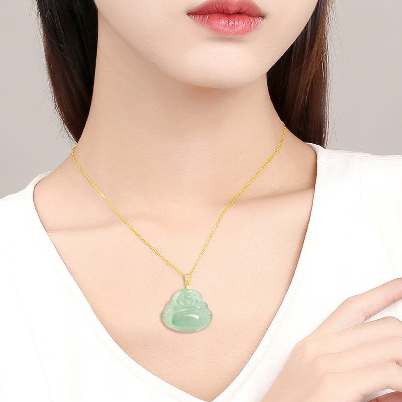 Jade Laughing Buddha Necklace in 925 Sterling Silver for Prosperity