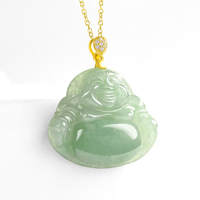 Jade Laughing Buddha Necklace in 925 Sterling Silver for Prosperity
