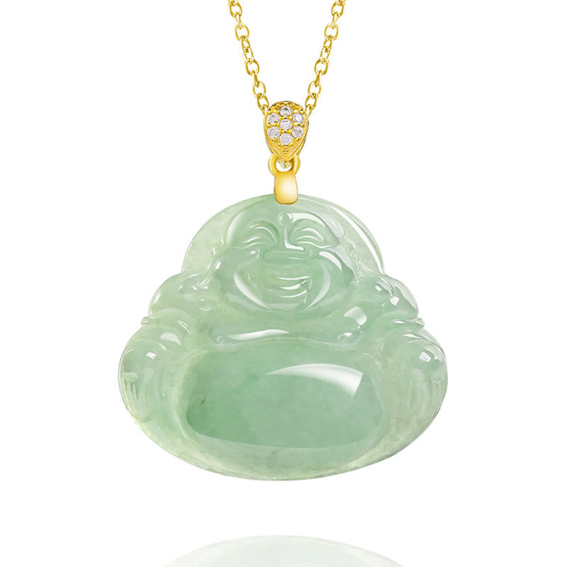 Jade Laughing Buddha Necklace in 925 Sterling Silver for Prosperity