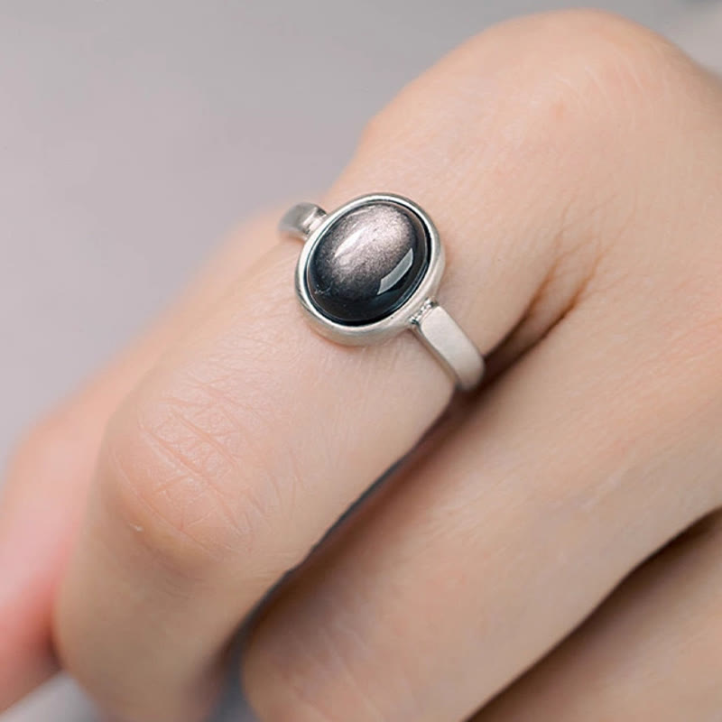 Silver Sheen Obsidian Adjustable Protection Ring 16x12mm