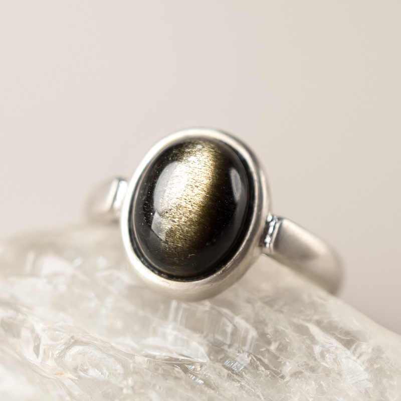 Gold Sheen Obsidian Adjustable Ring 16x12mm for Wealth Protection