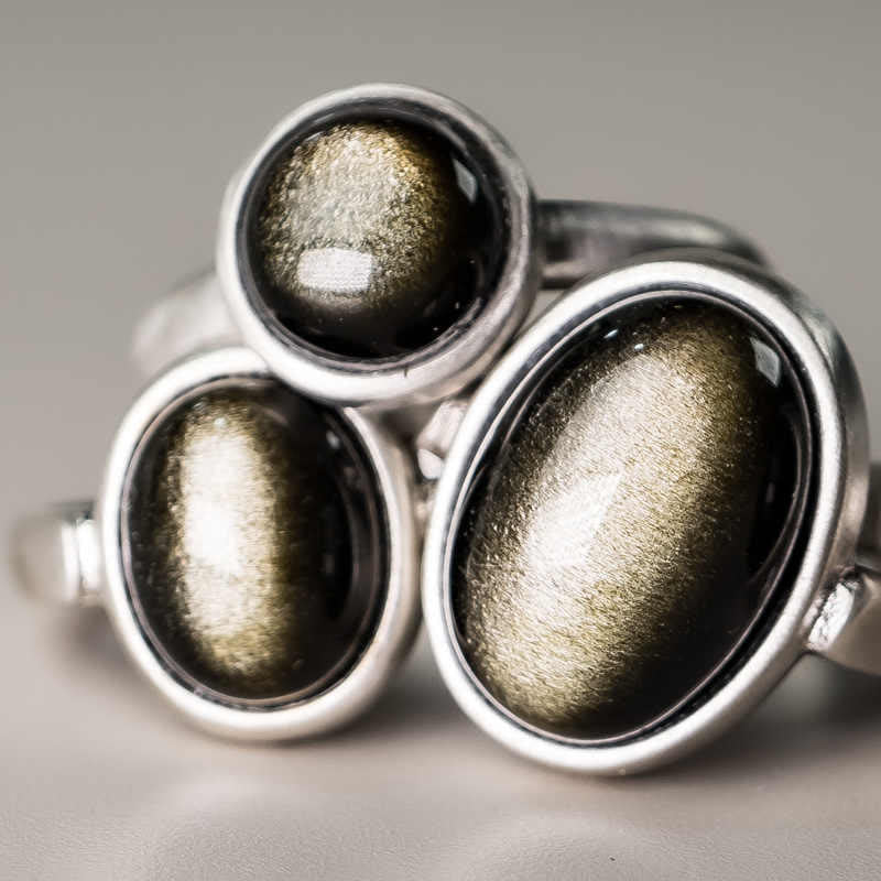 Gold Sheen Obsidian Adjustable Ring 16x12mm for Wealth Protection