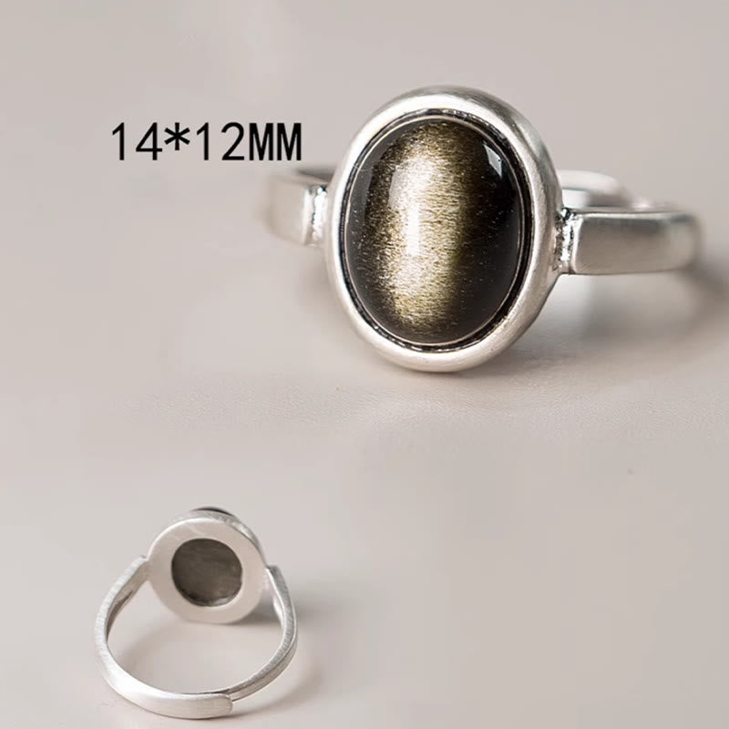 Gold Sheen Obsidian Adjustable Ring 16x12mm for Wealth Protection