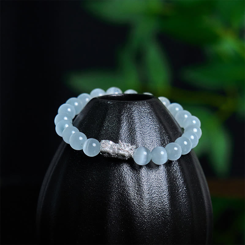 8mm White Cat's Eye Pixiu Bracelet for Luck & Protection