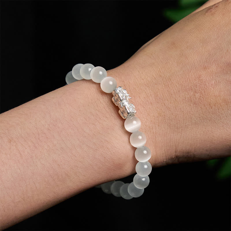 8mm White Cat's Eye Pixiu Bracelet for Luck & Protection