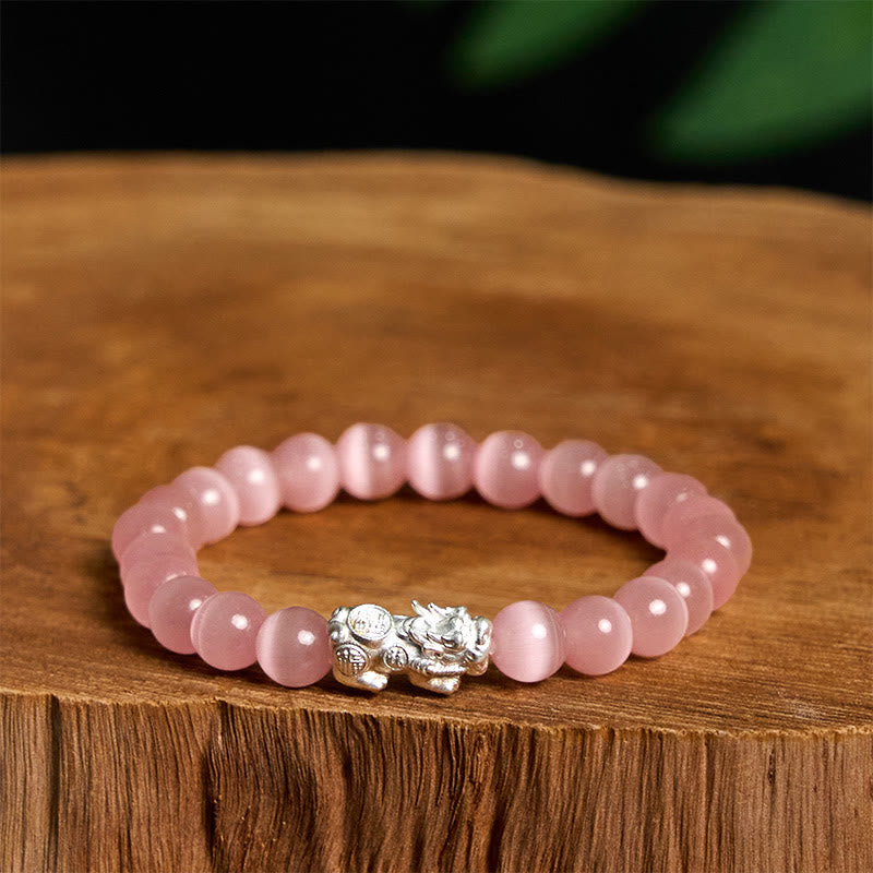 8mm White Cat's Eye Pixiu Bracelet for Luck & Protection