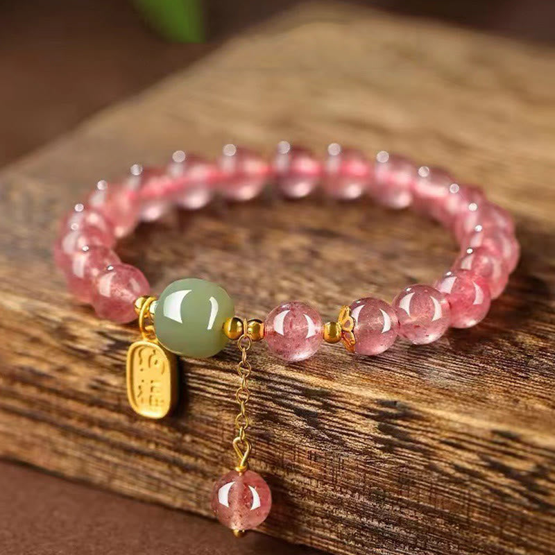 8mm Strawberry Quartz Fu Character Healing Bracelet