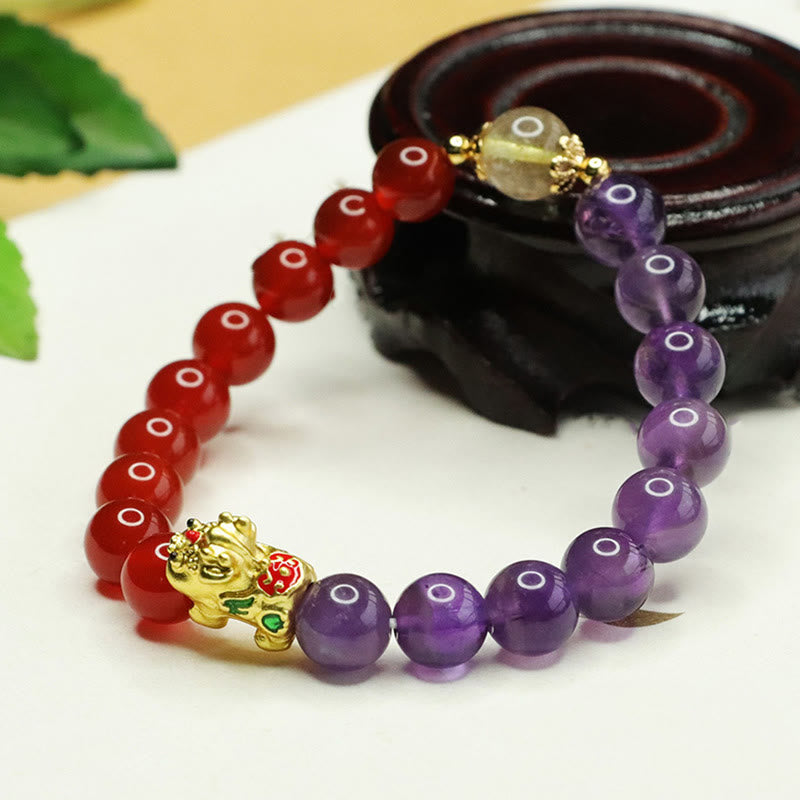 Amethyst & Red Agate Pixiu Bracelet for Balance & Luck