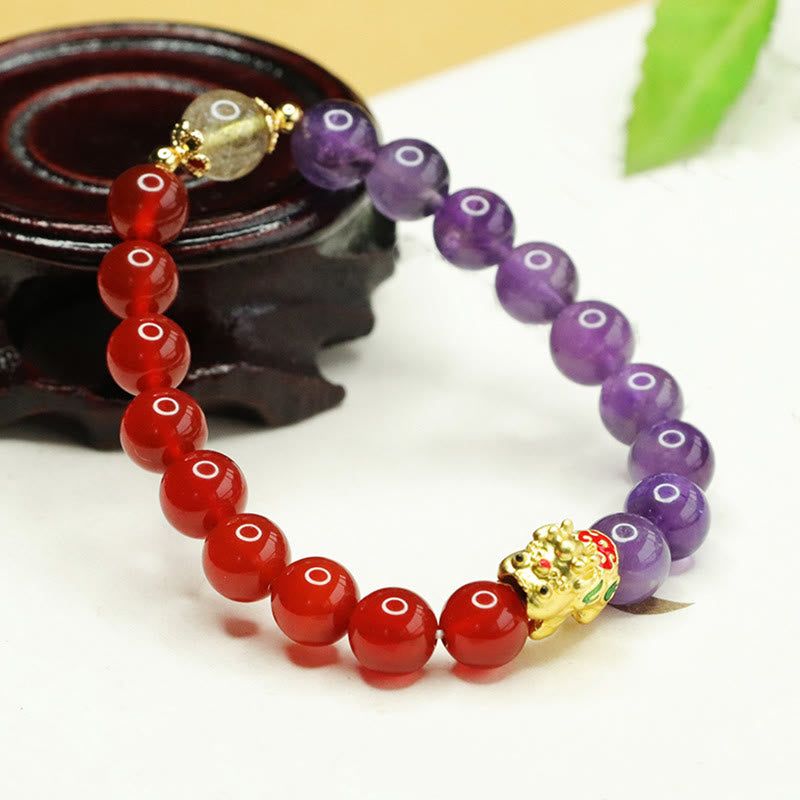 Amethyst & Red Agate Pixiu Bracelet for Balance & Luck
