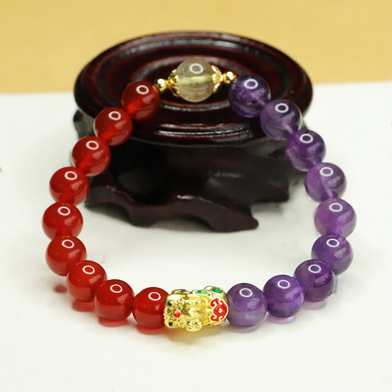 Amethyst & Red Agate Pixiu Bracelet for Balance & Luck