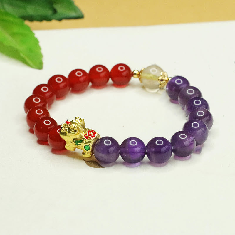 Amethyst & Red Agate Pixiu Bracelet for Balance & Luck