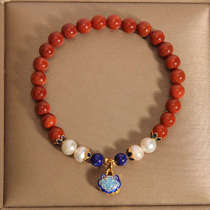 South Red Agate Peace Lock Bracelet for Women 7in Wrist