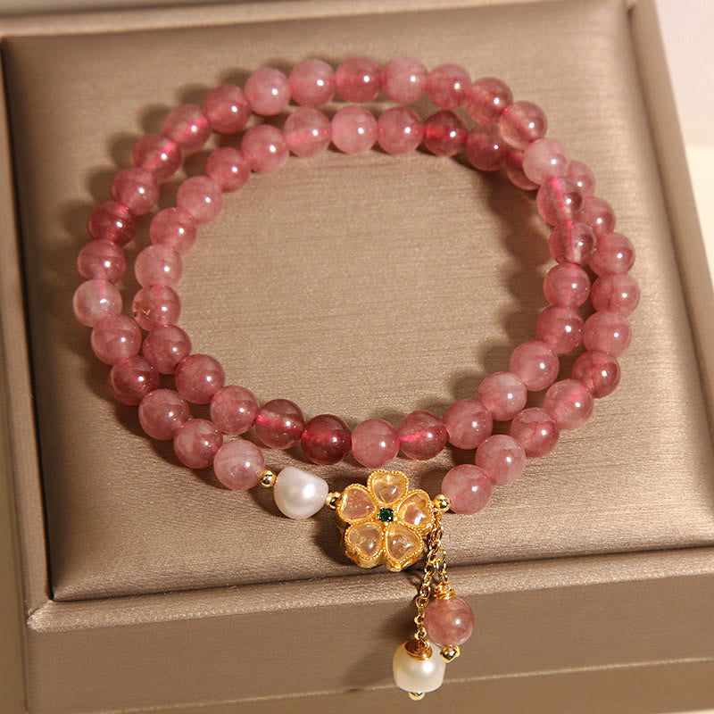 6mm Strawberry Quartz Positive Four Leaf Clover Bracelet