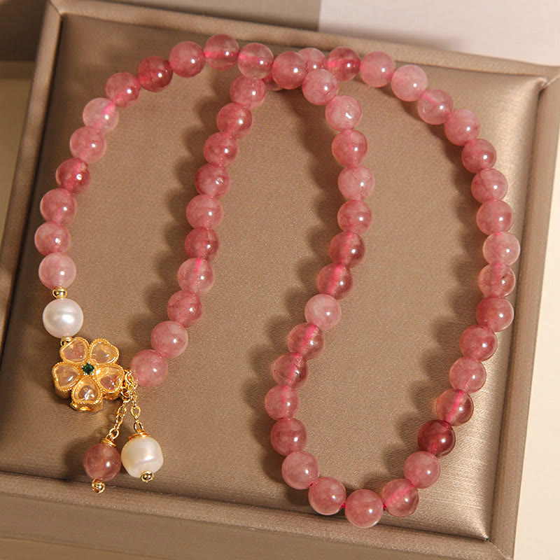 6mm Strawberry Quartz Positive Four Leaf Clover Bracelet