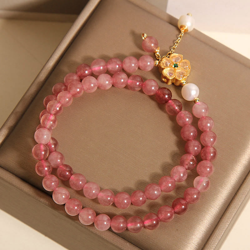 6mm Strawberry Quartz Positive Four Leaf Clover Bracelet