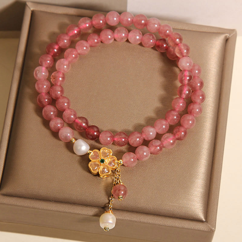 6mm Strawberry Quartz Positive Four Leaf Clover Bracelet