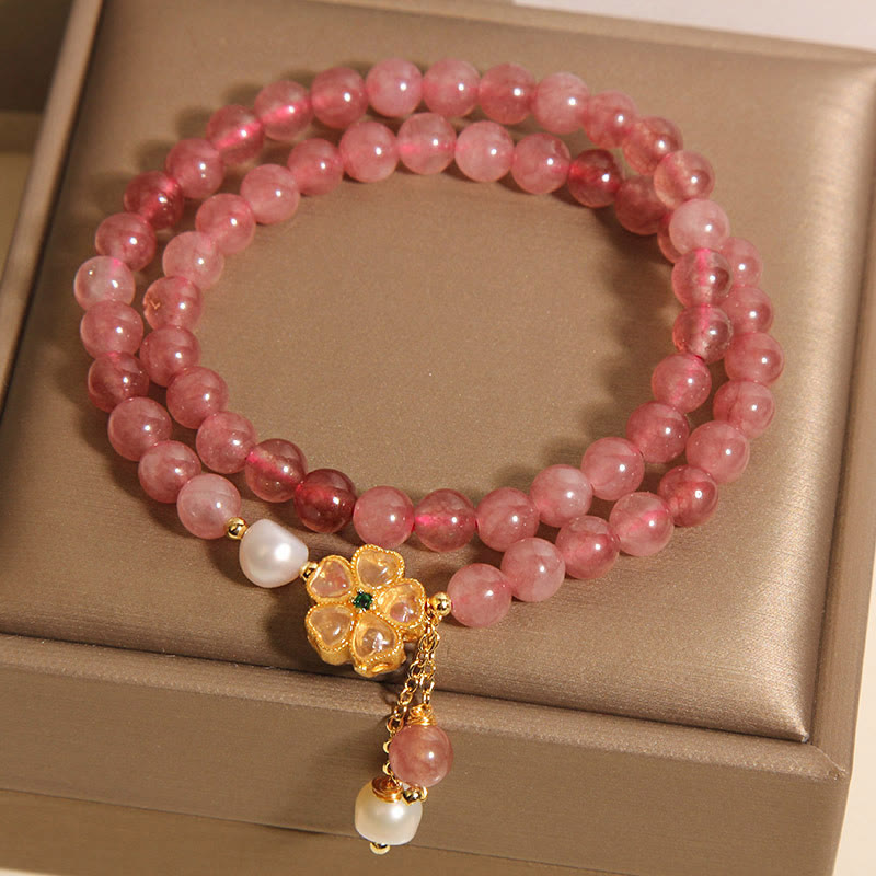 6mm Strawberry Quartz Positive Four Leaf Clover Bracelet