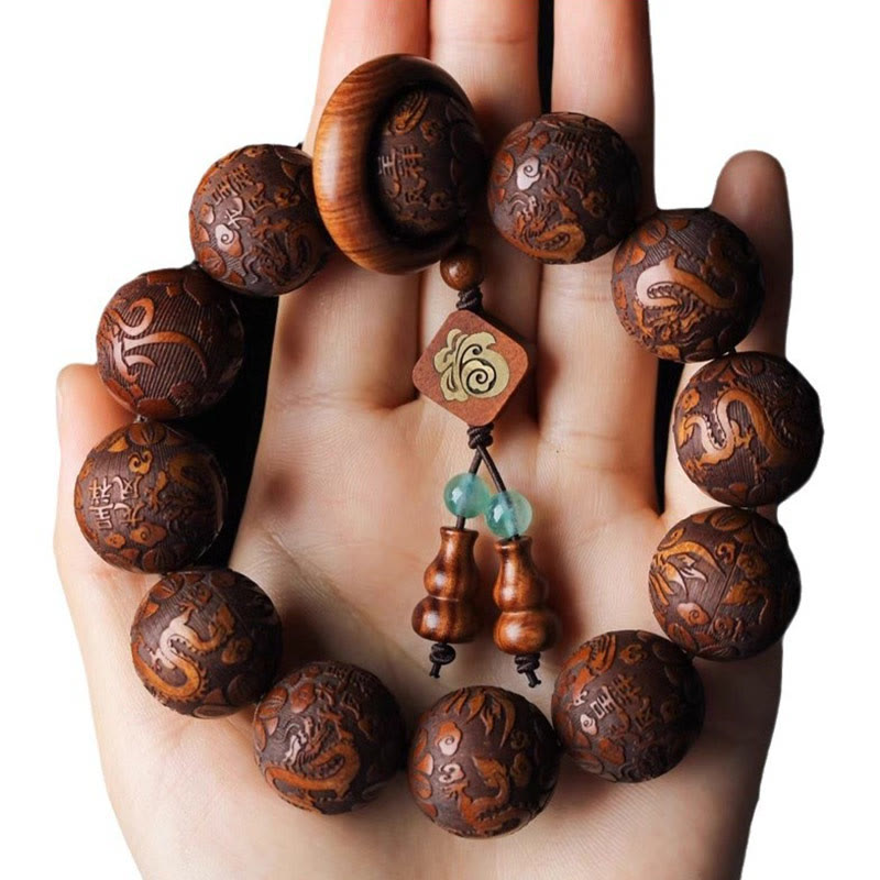 Dragon Bracelet with Rosewood Beads and Fu Character Gourd for Warmth