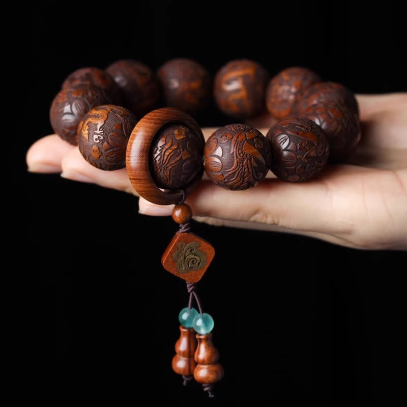 Dragon Bracelet with Rosewood Beads and Fu Character Gourd for Warmth