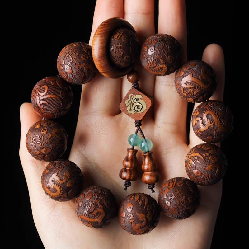 Dragon Bracelet with Rosewood Beads and Fu Character Gourd for Warmth