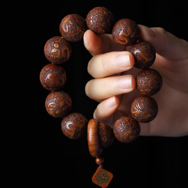 Dragon Bracelet with Rosewood Beads and Fu Character Gourd for Warmth