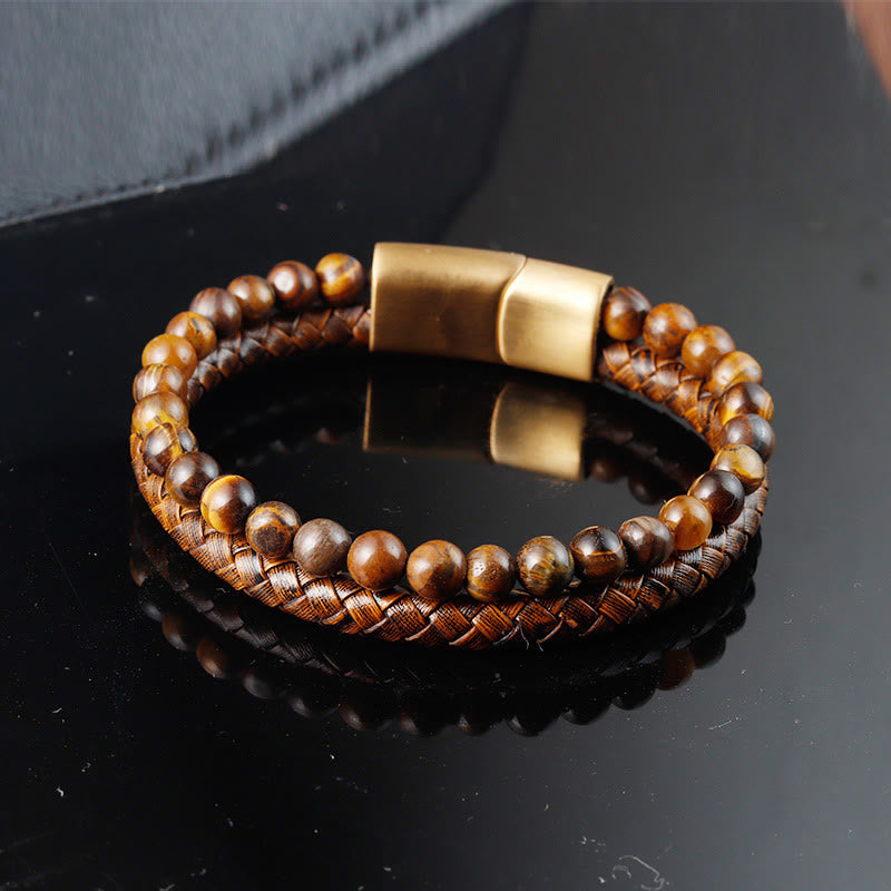 Tiger Eye Strength Bracelet with Leather & Titanium Steel