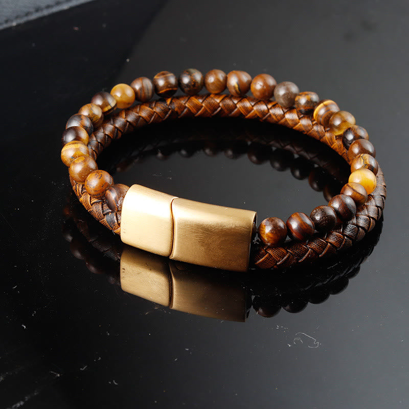 Tiger Eye Strength Bracelet with Leather & Titanium Steel