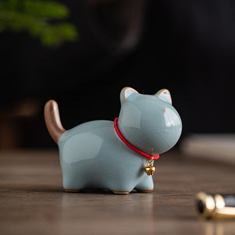 Mini Ceramic Lucky Cat Figurine with Red Rope Bell - Spiritual Animal Figurines
