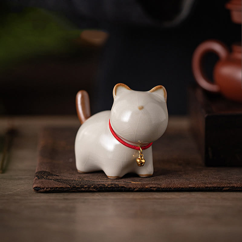 Mini Ceramic Lucky Cat Figurine with Red Rope Bell - Spiritual Animal Figurines