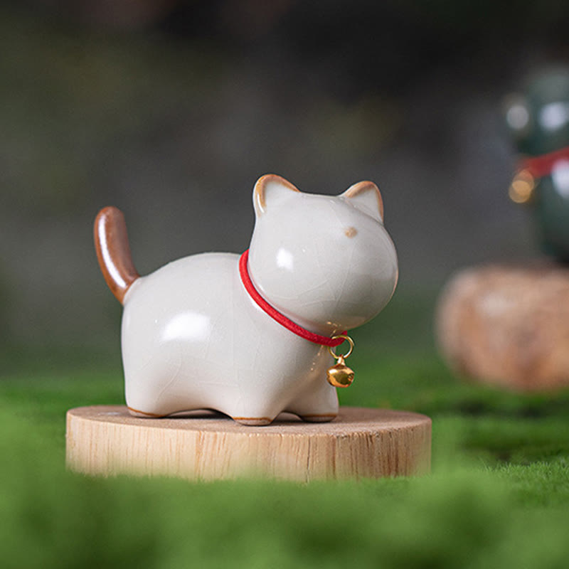 Mini Ceramic Lucky Cat Figurine with Red Rope Bell - Spiritual Animal Figurines