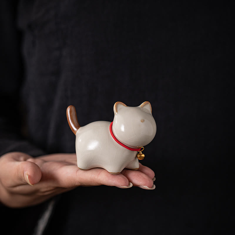 Mini Ceramic Lucky Cat Figurine with Red Rope Bell - Spiritual Animal Figurines