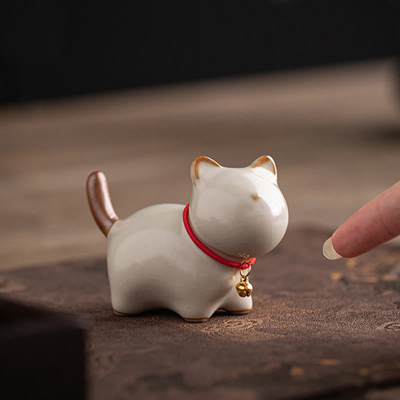 Mini Ceramic Lucky Cat Figurine with Red Rope Bell - Spiritual Animal Figurines