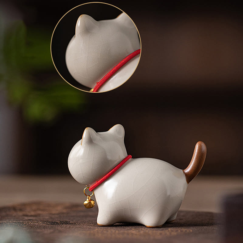 Mini Ceramic Lucky Cat Figurine with Red Rope Bell - Spiritual Animal Figurines
