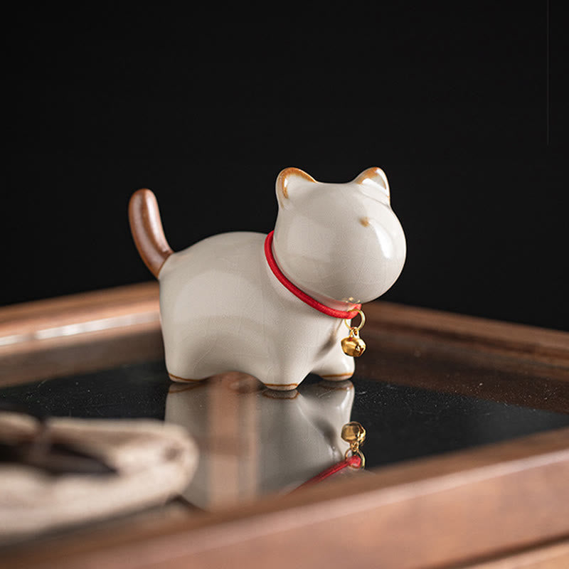 Mini Ceramic Lucky Cat Figurine with Red Rope Bell - Spiritual Animal Figurines