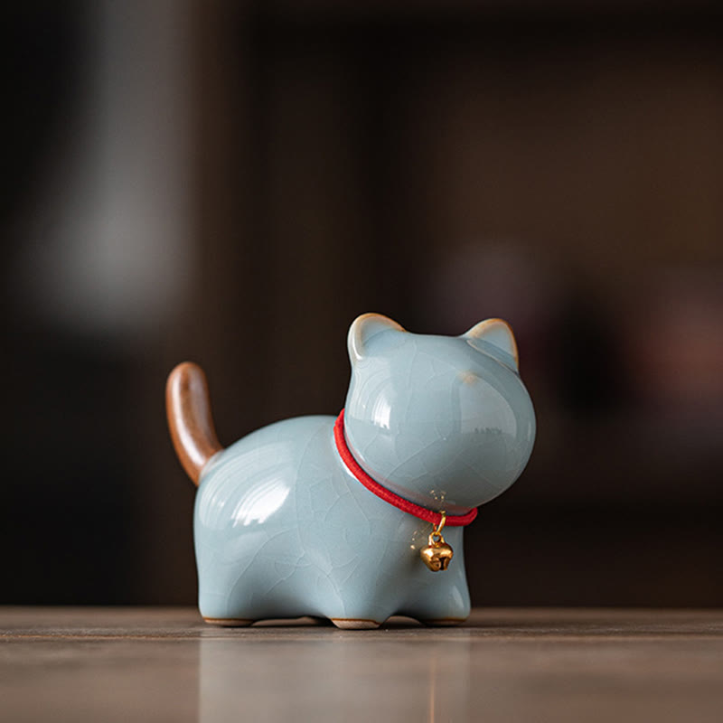 Mini Ceramic Lucky Cat Figurine with Red Rope Bell - Spiritual Animal Figurines