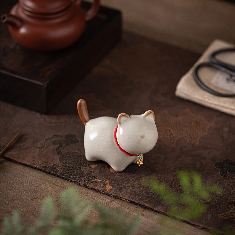 Mini Ceramic Lucky Cat Figurine with Red Rope Bell - Spiritual Animal Figurines