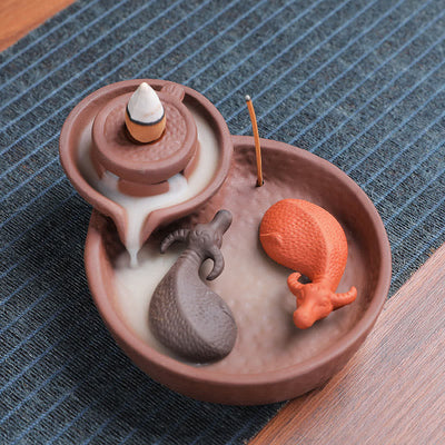 Handmade Purple Clay Ceramic Incense Burner Koi Fish or Ox